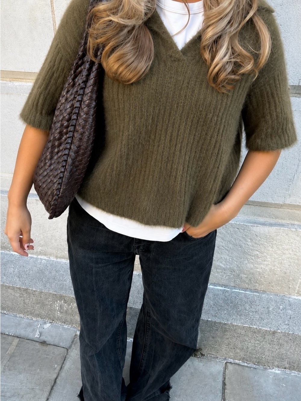 Bailey 44 Olive Green V-Neck Short Sleeve Sweater